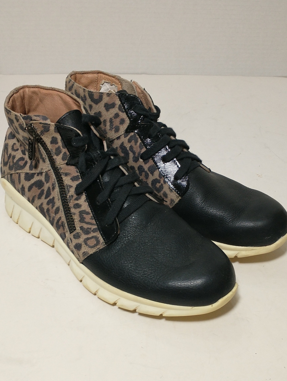 Naot Polaris High Top Leather Sneaker, Leopard, Patent Black, Size 7, Athleisure